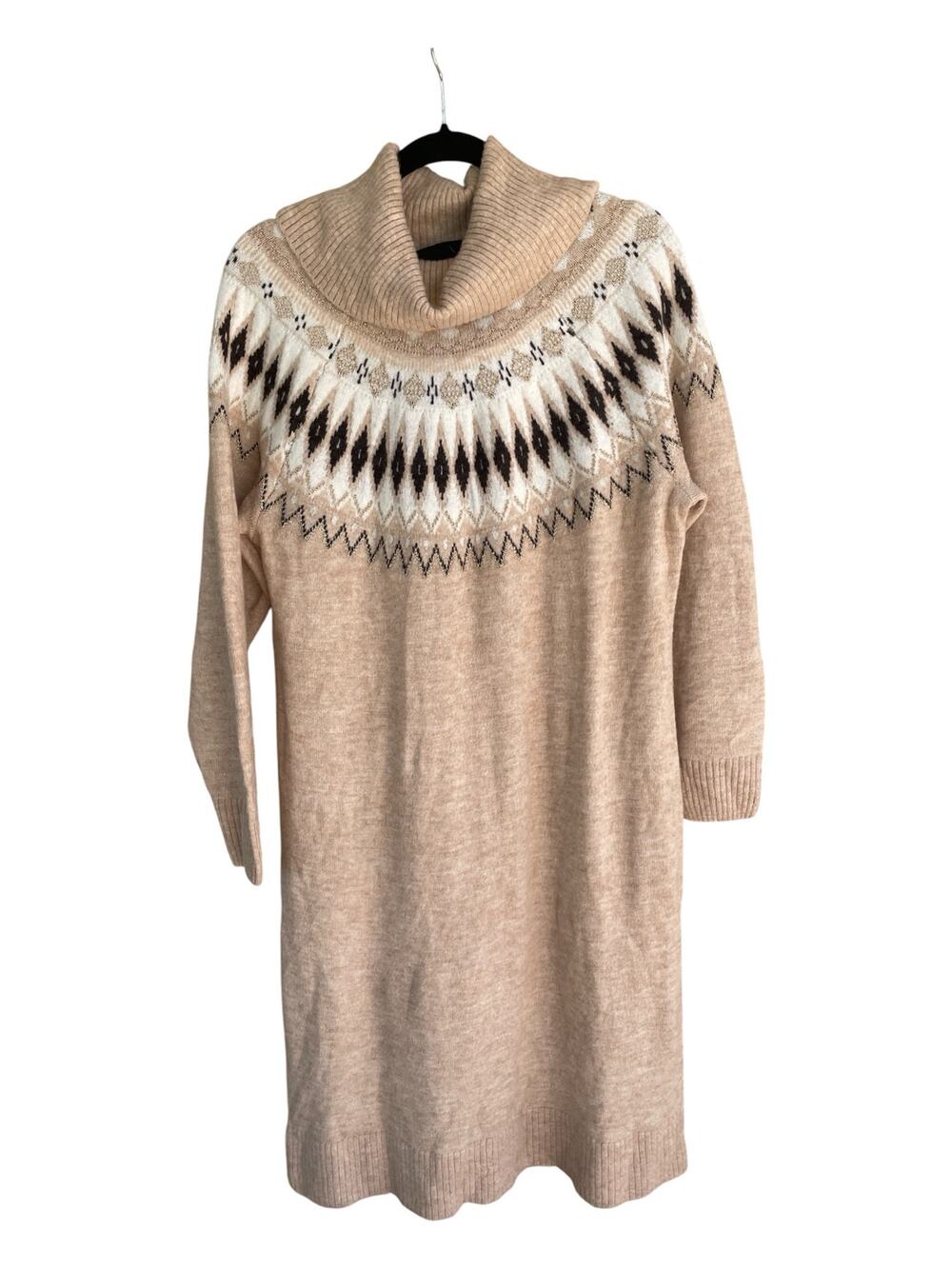 Lane Bryant Sweater Dress 14/16 Cowl Neck Fair Isle Knit Beige Plus Size Midi
